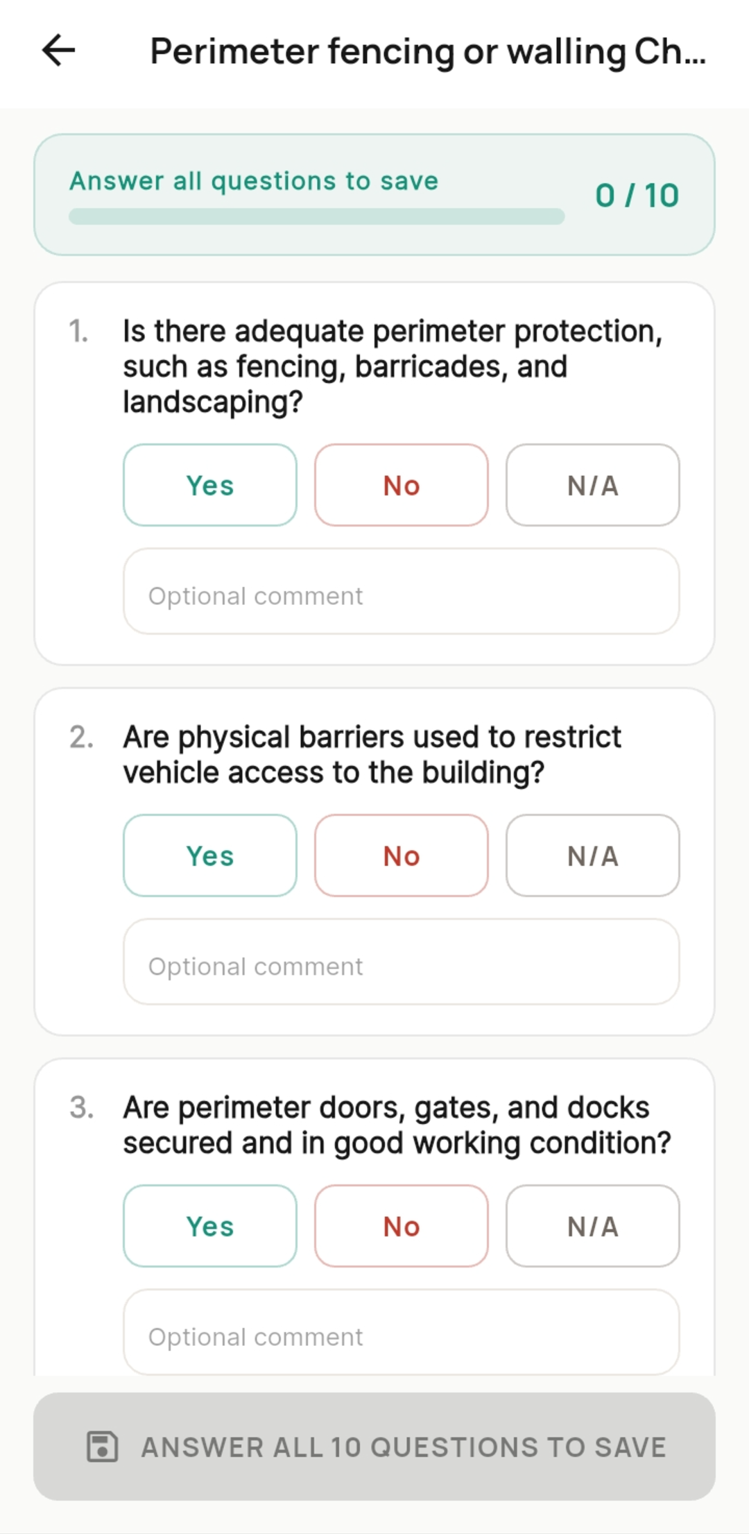 Securade app checklist screen with yes, no, and n/a questions
